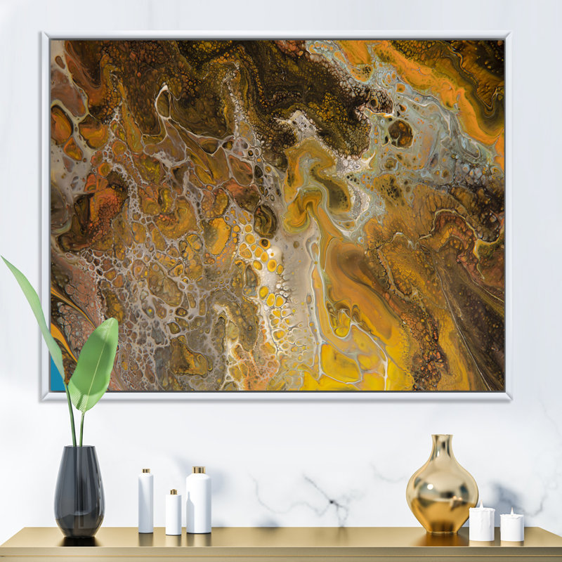 Marbre brun et jaune - art moderne sur toile, H 16 po x l 32 po x P 1 po, Toile avec cadre flottant blanc