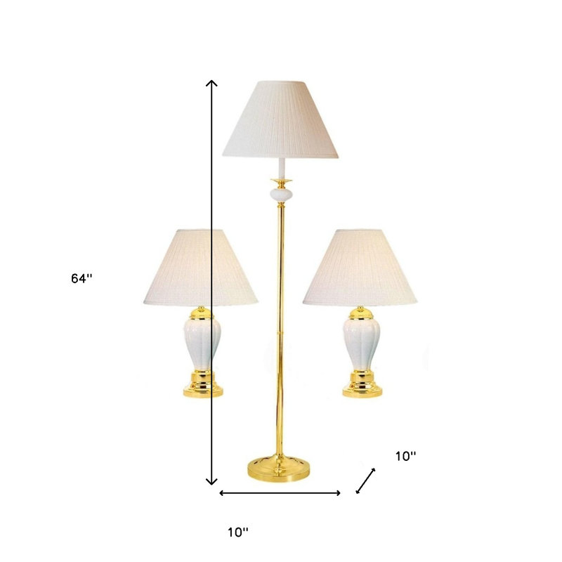 Set Of Three 64" Gold And White Ceramic Bedside Floor And Table Lamp Set With Off White Empire Shade