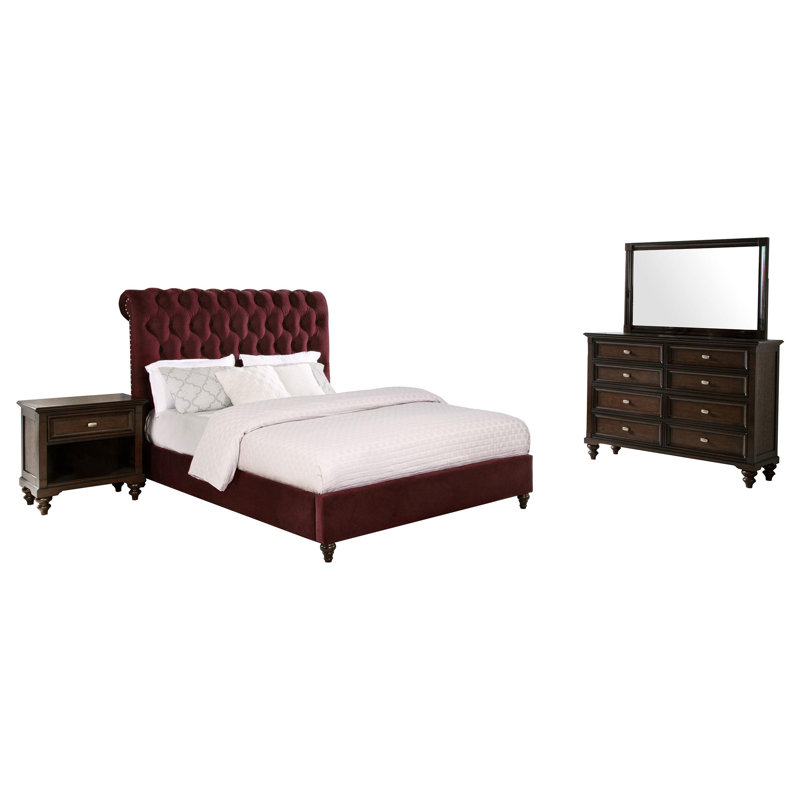 Gunthar 4-Piece Full Bedroom Set Wine Red And Dark Oak, Très grand