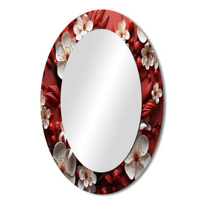 White And Red Orchid Flower Branches II - Large Oval Wall Mirror On Metal
