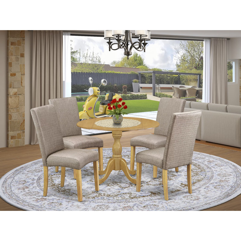 L'ensemble de salle à manger 5 pièces comprend une table de salle à manger ronde avec Dropleaf et 4 chaises Parson rembourrées en lin kaki foncé, chêne