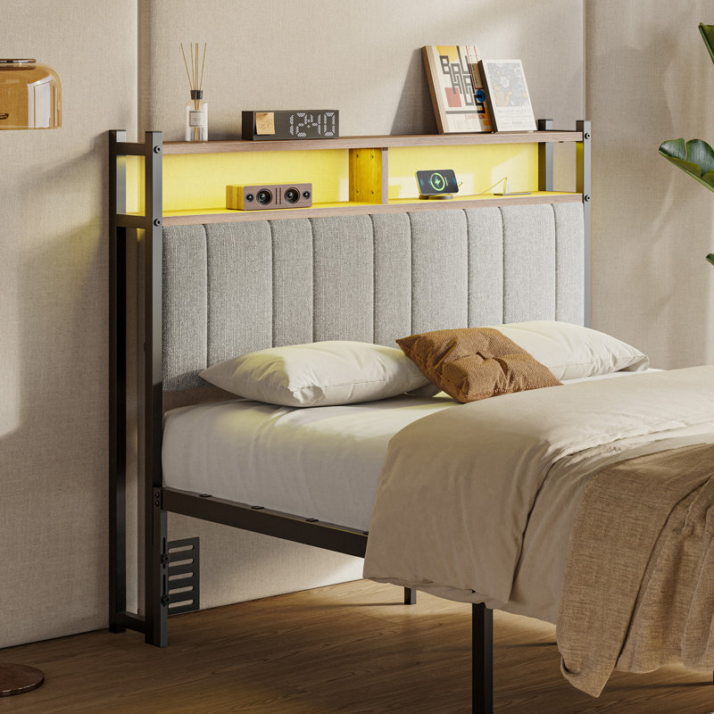 Damerius Storage Upholstered Headboard Metal Headboard With Charging Station LED Light And USB Port, Gray, Full / Double