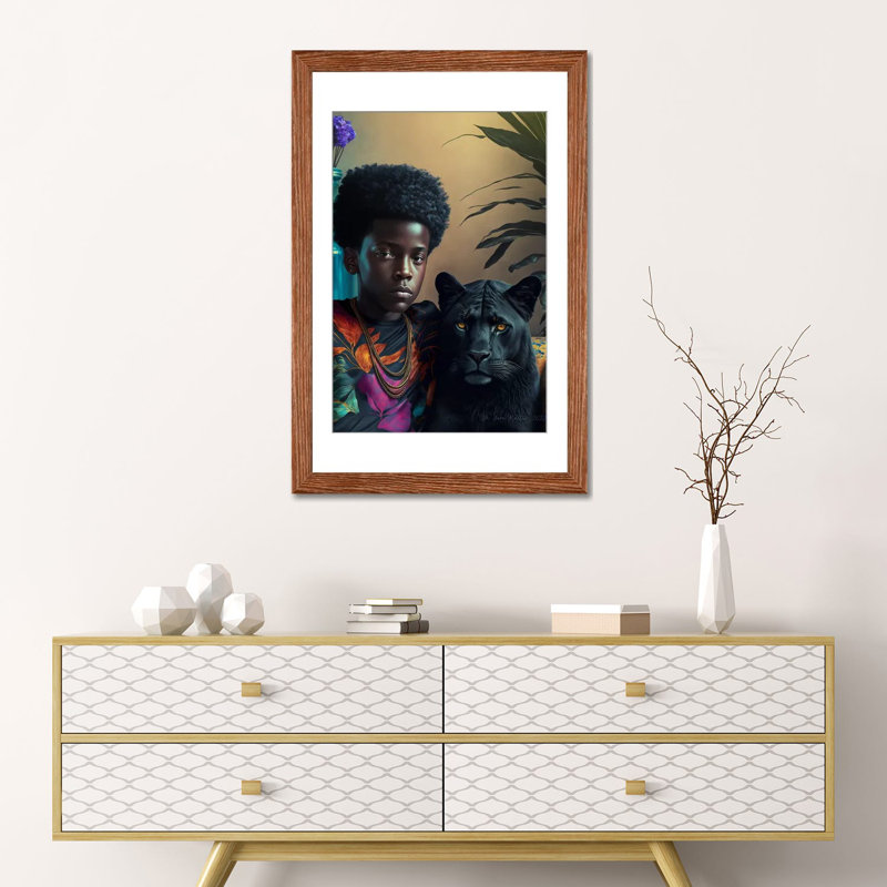 Afrofuturist African Boy - Blackpanther Spirit Animal I, Classic Wood Open Corner Frame Paper, 24" H x 16" W x 1" D