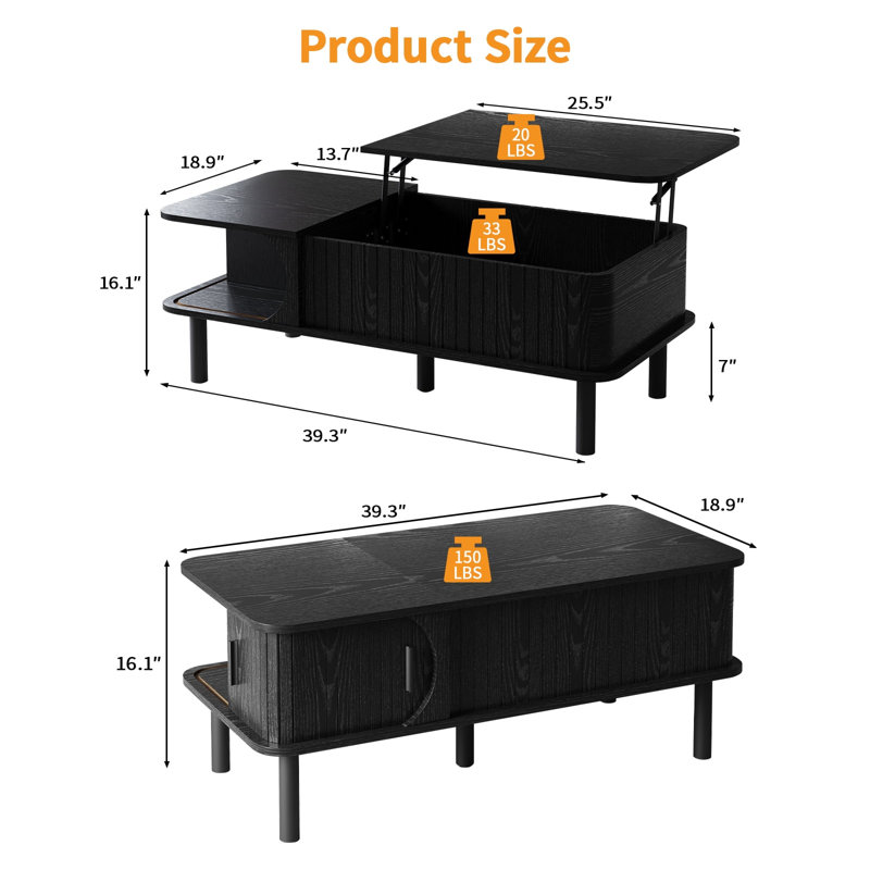 39" Lift Top Coffee Table, Fluted Modern Rectangle Center Table With Hidden Storage Space, Wood Living Room End Table With Sliding Door, For Home Office, Small Space