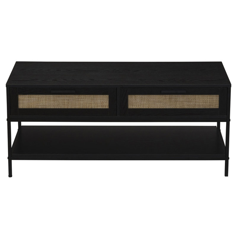 Woven Front Black Oak Coffee Table with Iron Base, Black Top/Black Base
