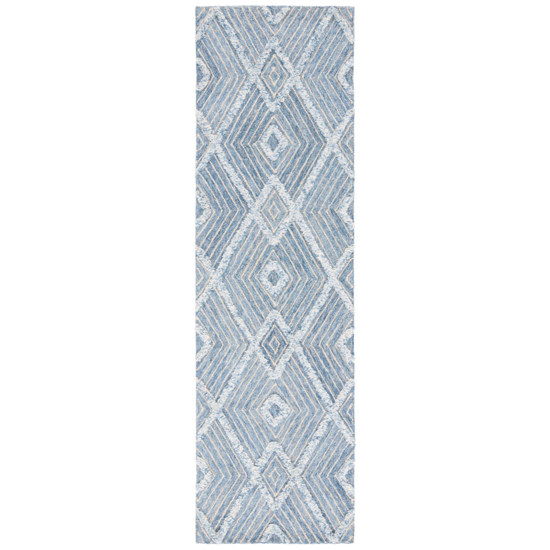 Inelda Hand Tufted Wool/Cotton Geometric Rug in Ivory/Blue, Runner 2'3" x 8'