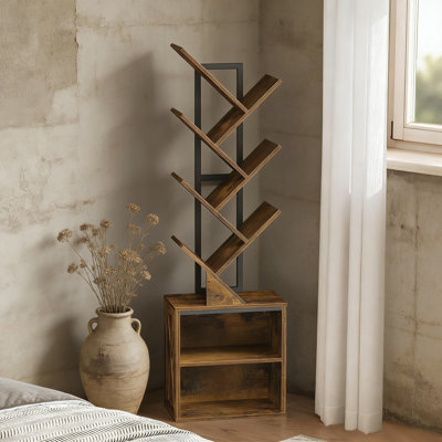 Tree Bookshelf With 6 Tiers And 2 Storage Racks, Free Standing Tall Wooden Bookcase For Living Room, Bedroom, Home Office, Space Saving Floor Shelf Organizer