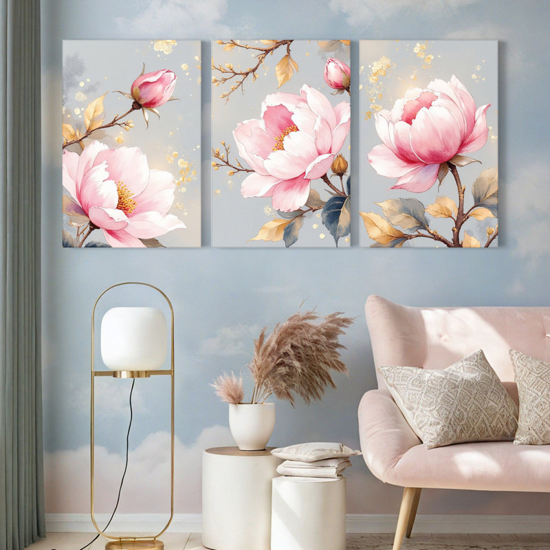 «Blush Peony», reproduction d'art sur toile tendue sur toile, ensemble de 3, H 36 po x l 72 po