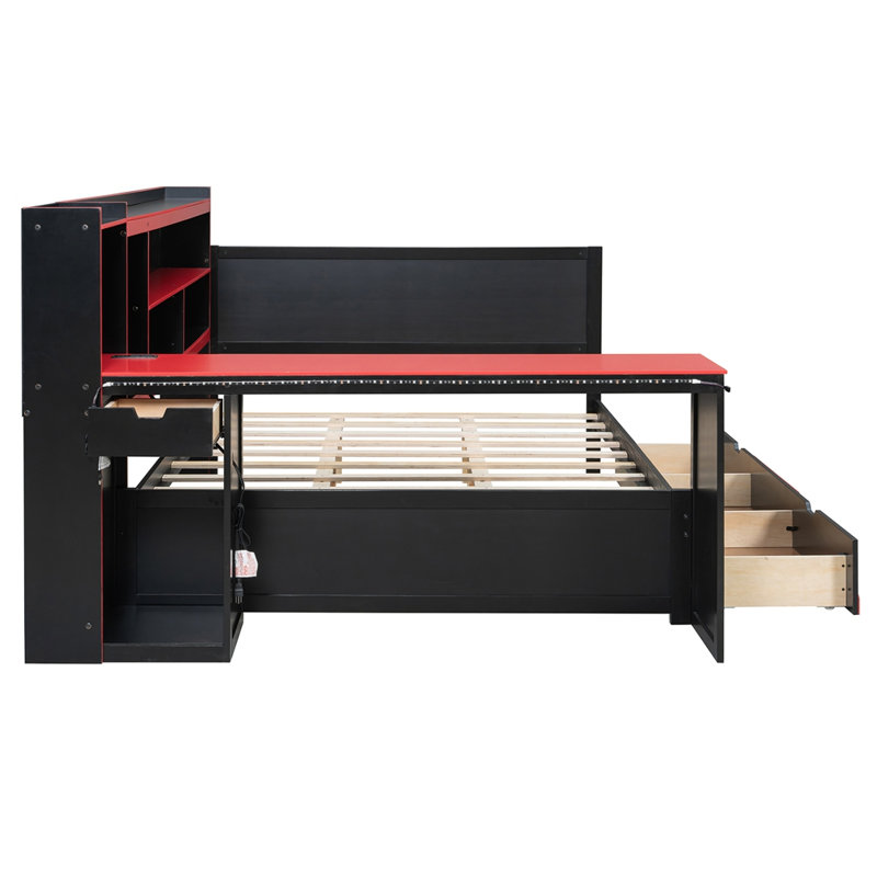 Grand lit de jour avec bureau intégré et lumières, Queen, Noir / Rouge