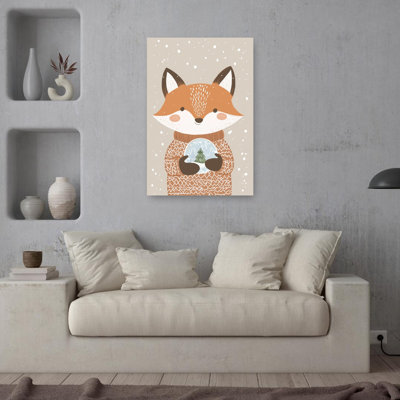 Cute Fox Snow Globe Abstract Contemporary Fox Nature Wildlife Wall Art Print 1 Piece Wrapped Canvas Wall Art