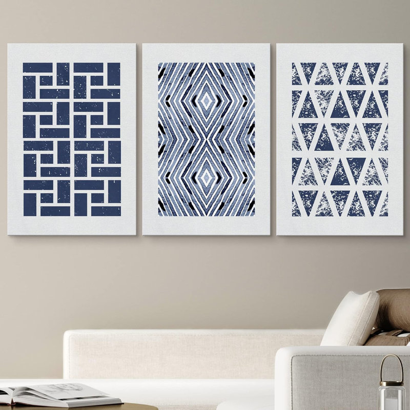 Carré bleu géométrique et formes abstraites à motifs abstraits, art bohémien bleu marine, 3 pièces, H 24 po x l 48 po