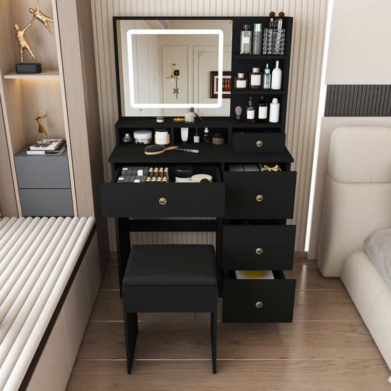 Meuble-lavabo moderne noir avec miroir lumineux 3 couleurs, 5 tiroirs, prise de courant et tabouret