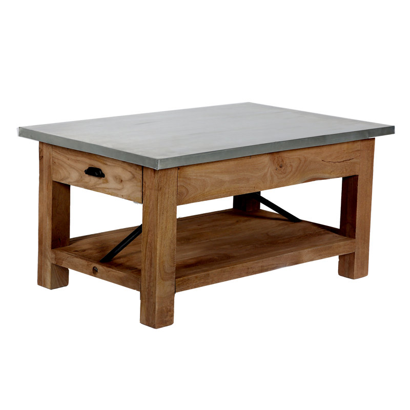 Industrial Gray Mango Wood and Steel Coffee Table with Shelf