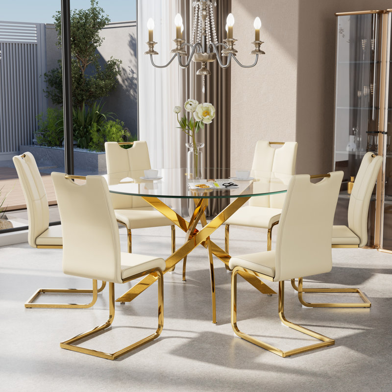 Ensemble de salle à manger 7 pièces, H 29,5 po x L 47,2 po x l 47,2 po, Jaune, Doré