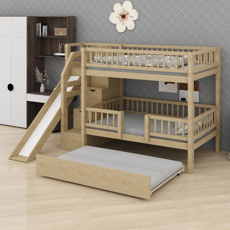 Lit superposé robuste, glissière de rangement d'escalier de rangement utile et lit gigogne, Walnut