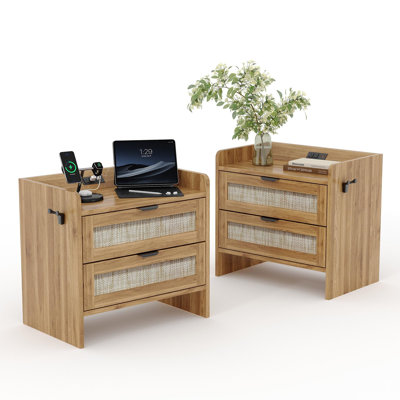 Ensemble de 2 tables de chevet en rotin, tables de chevet Boho avec 2 tiroirs, tables de bout avec rangement pour chambre à coucher, bureau, salon