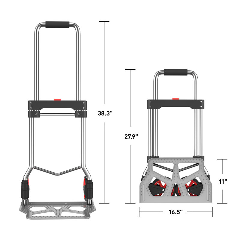 Chariot pliable à roulettes, chariot pliable robuste avec roues et poignée télescopique, capacité de 220 lb, Rouge / argenté