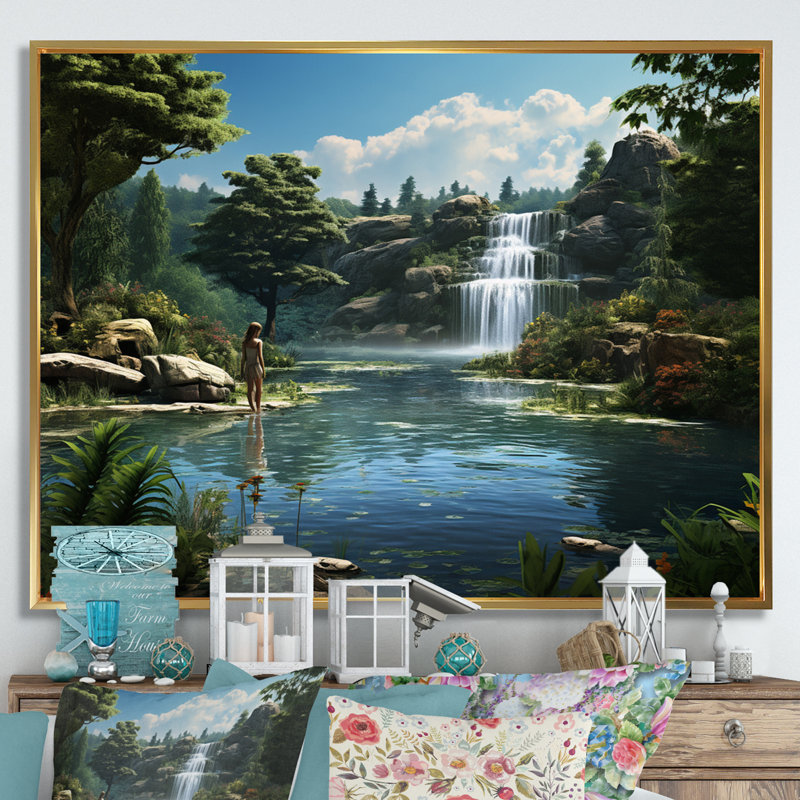 «Woman Bathing Paradise Blue Lake Waterfalls - Meadow», reproduction sur toile, 34" H x 44" W, Cadre flottant doré