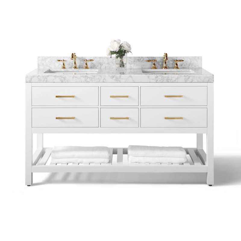 Elizabeth 60'' W Double Vanity, Carrara White, Gold, Heritage Blue