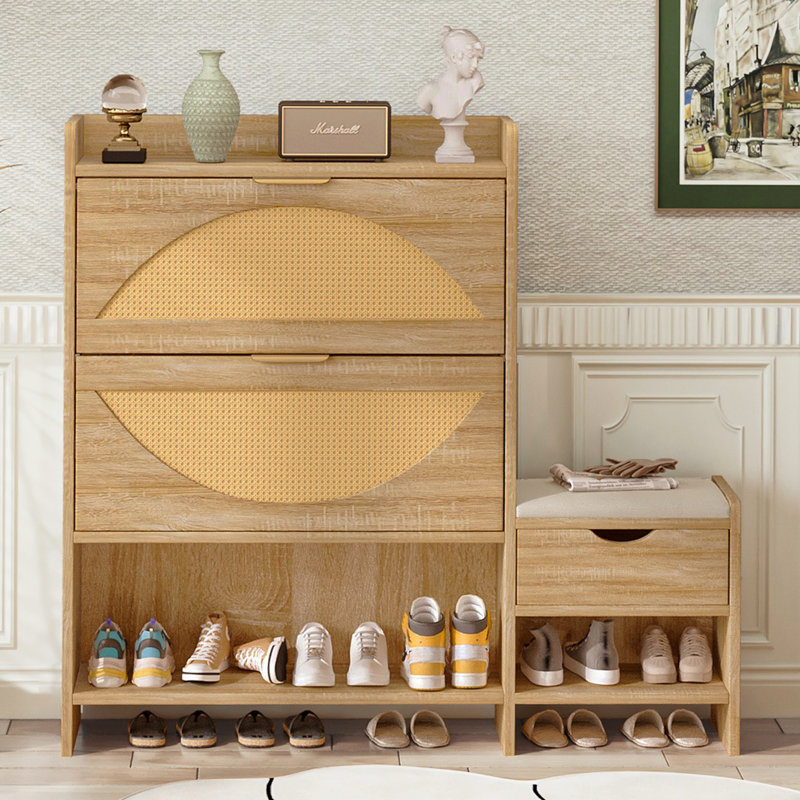 Armoire de rangement pour chaussures en rotin de 47,2 po avec 2 tiroirs rabattables, un tiroir de rangement et un banc pour l'entrée et le couloir