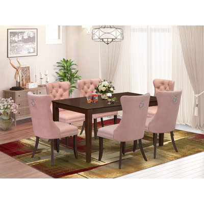 D9466CEE70184E6392B4DBBEEEB95F83 7 Piece Kitchen Table Set Consists of a Rectangle Modern Dining Table and 6 Upholstered Chairs, Mahogany