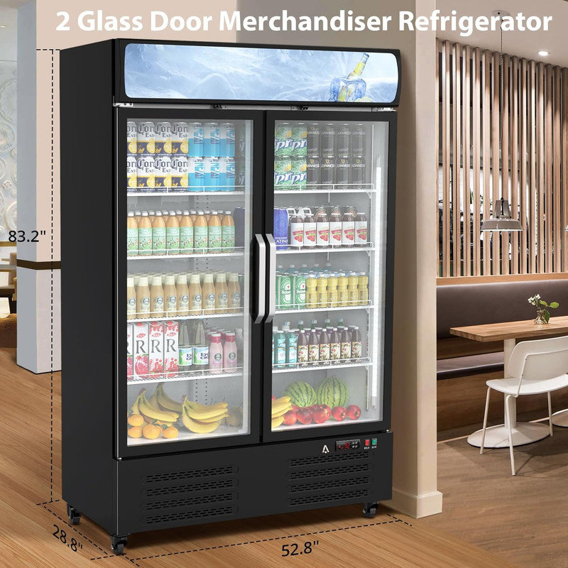 36.3 Cu.Ft Commercial Beverage Refrigerator, 2 Glass Door Merchandiser Display Cooler for Restaurant