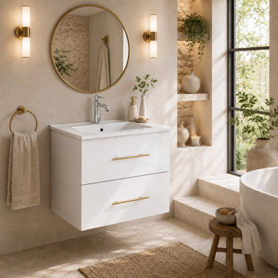 24" Wall-Mounted Glossy White Bathroom Vanity with Soft-Close Doors and Ceramic Sink