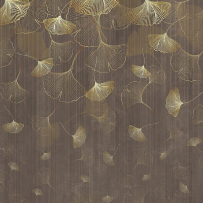 Papier peint brun à feuilles de ginkgo Art Deco