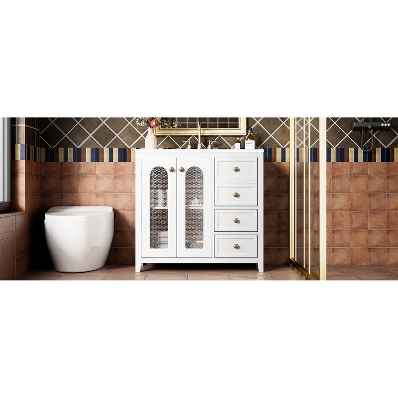Meuble-lavabo de 35,79 pouces avec poignées dorées luxueuses, portes d'armoire à fermeture douce et évier en trop-plein, évier en céramique facile à nettoyer, fonction de fermeture silencieuse, compartiments de rangement spacieux