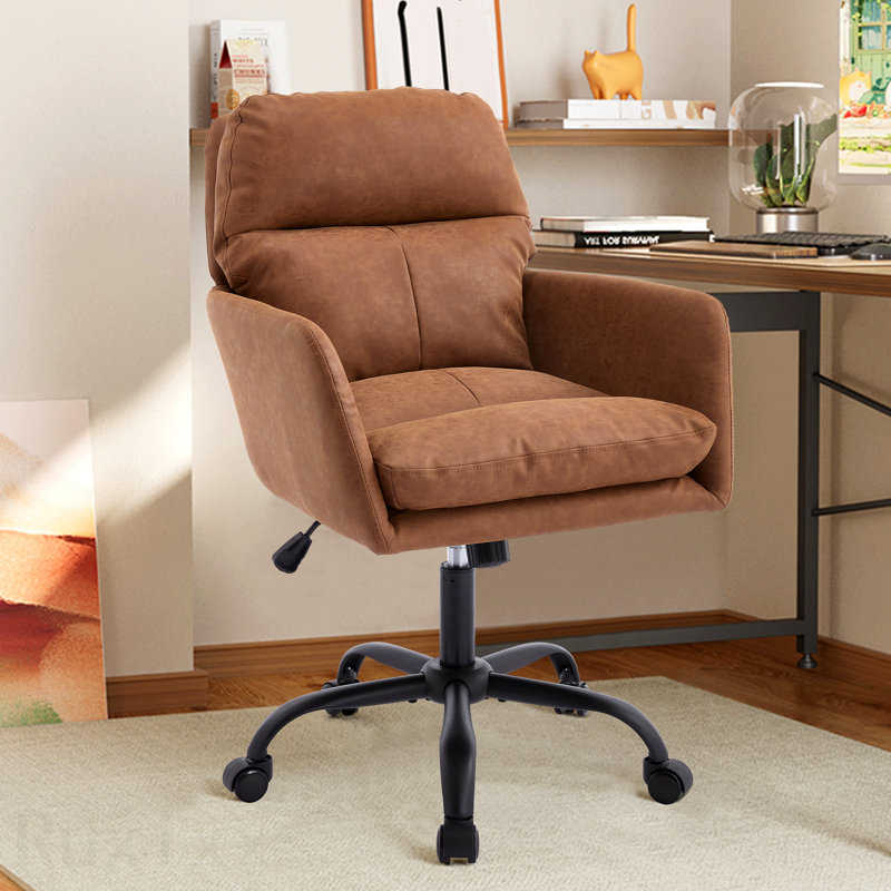Brown Artificial Leather Pu Leather Office Chair, Black Base, Adjustable In Height, Suitable For Office Bedroom Dressing Table And Other Environments