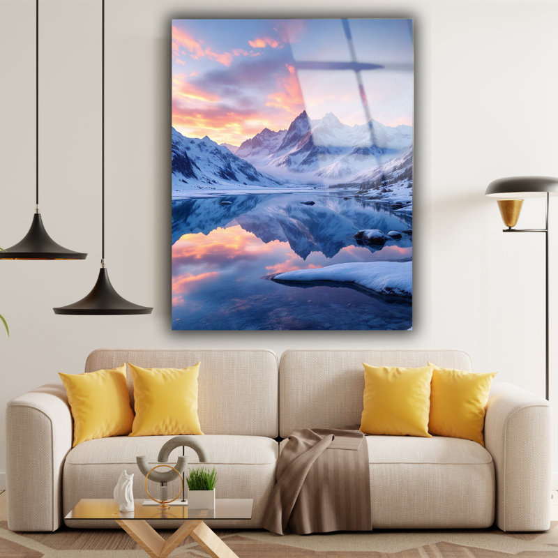 Hiver neige paysage de montagne - art mural neige, coucher de soleil en verre trempé, H 40 po x l 30 po