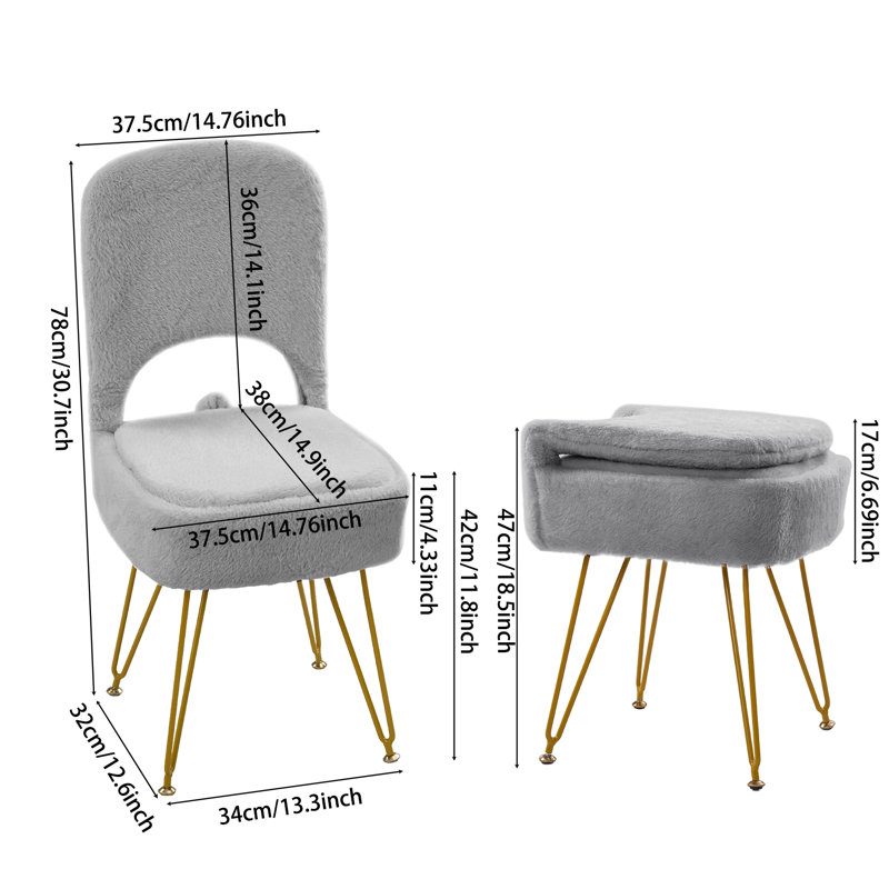 Modern Luxury Vanity Chair with Storage & Folding Backrest, Grey
