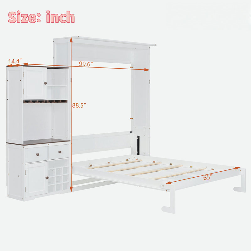 Lit escamotable avec armoire de rangement, support à vin, porte-verre, tiroirs et bande à DEL multicolore, Blanc