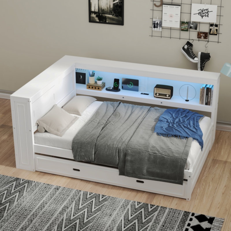 Full Size Wood Svein With Storage Shelves, USB, LED, And Trundle, White