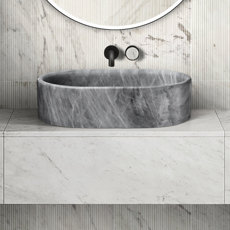 Bathroom Vessel Sink Made From Gray Natural Marble, Unique Pattern, Smooth Surface, Spacious Basin Hand - Finished,