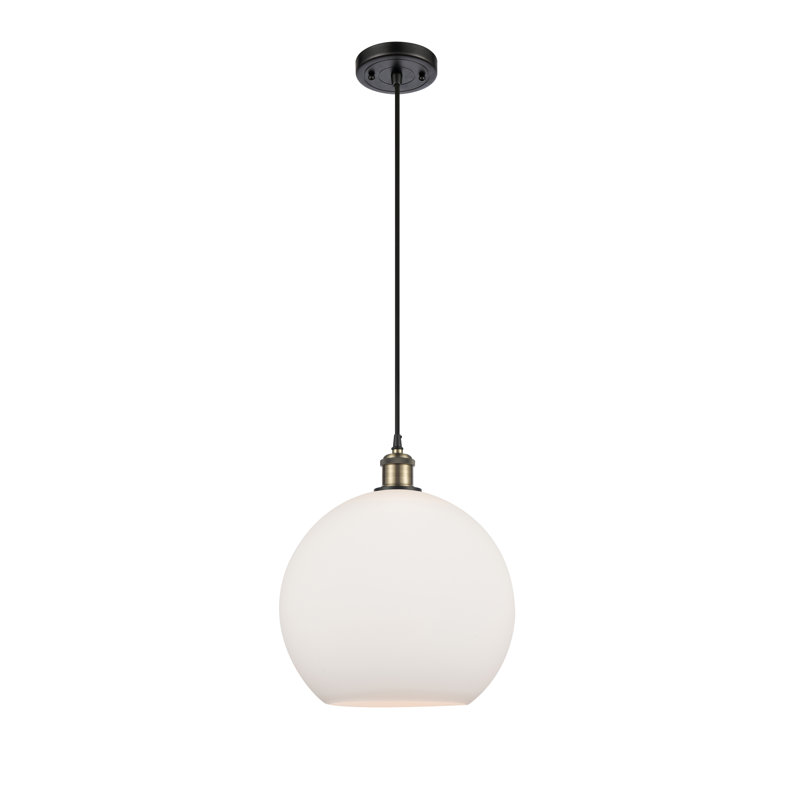 Luminaire suspendu en forme de globe à 1 lumière Hamida, H 16,38 po x l 11,75 po x P 11,75 po, Blanc, Laiton antique noir