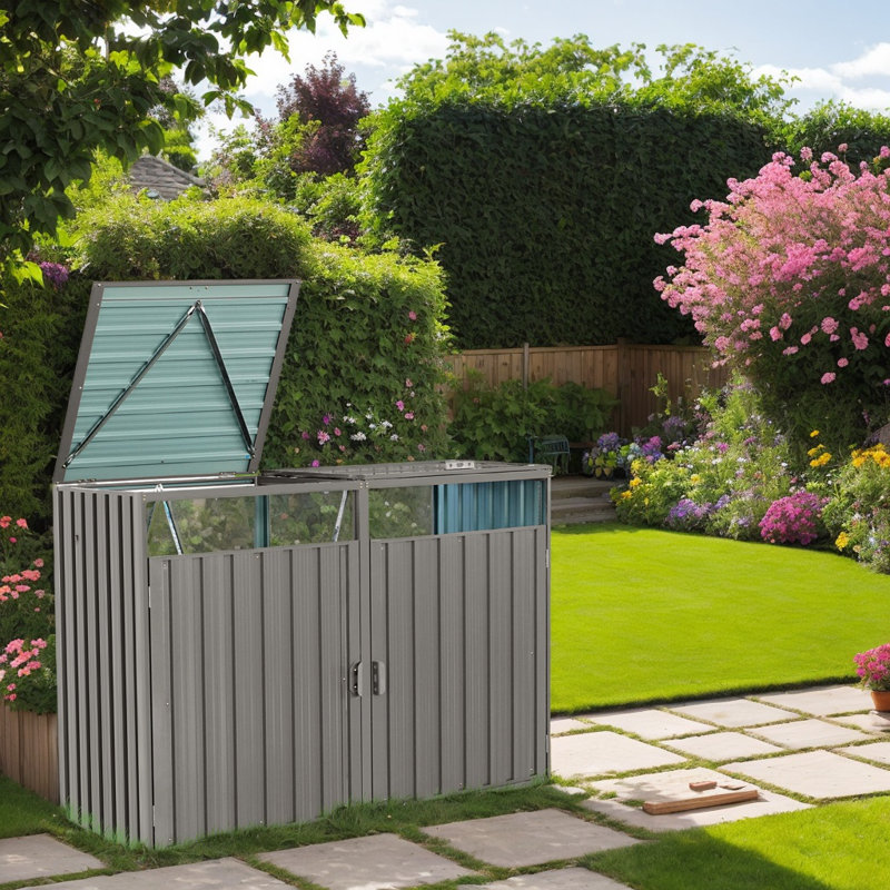 Remise en métal pour poubelle extérieure avec portes verrouillables et couvercles relevables, rangement en acier galvanisé pour le jardin ou la cour