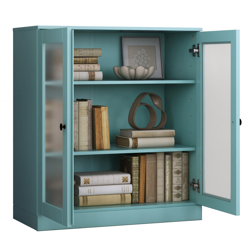 Palace Imports 100% Solid Wood 3-Shelf Bookcase, Frosted Glass Doors, Adjustable Shelves, 32" Wide, 35.75" Tall, Aqua