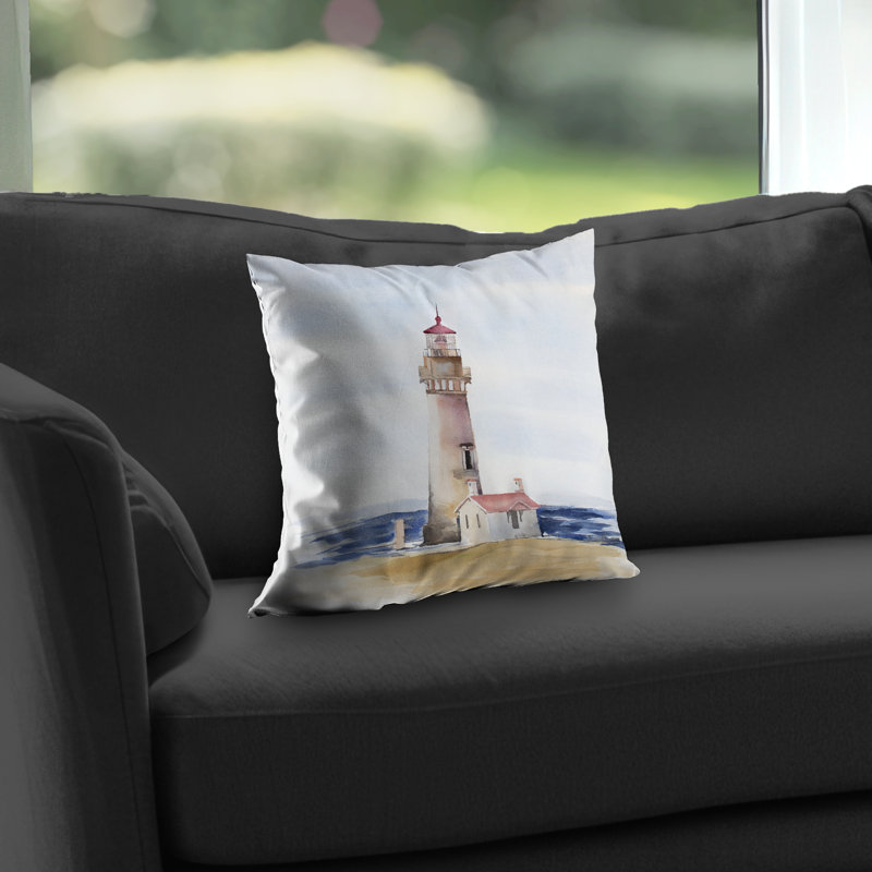 Oregons Yaquina Head Lighthouse Poly Twill Throw Pillow | Beige