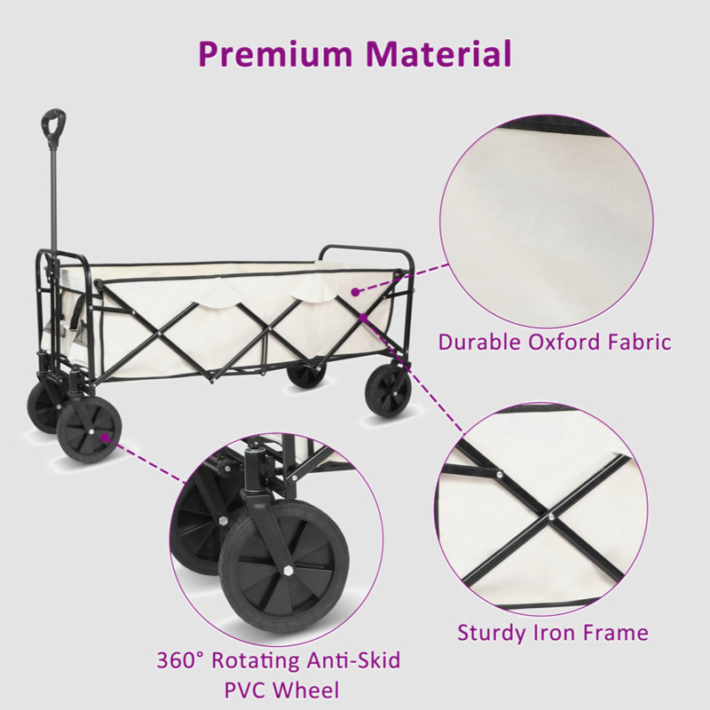 Large White Folding Utility Wagon with Anti-Slip Wheels and Adjustable Handle