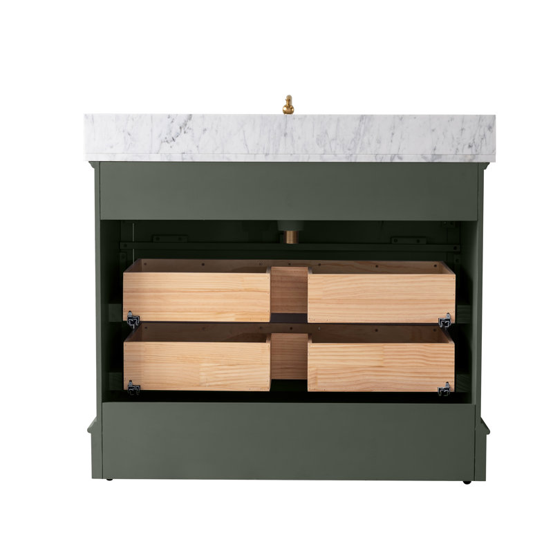 Meuble-lavabo simple en bois massif et manufacturé avec plateau en marbre Goleta, Vert rétro / or brossé