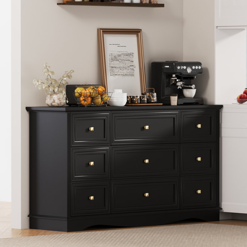 Dorset 57" Adjustable 9 drawer black dresser, Black/Gold
