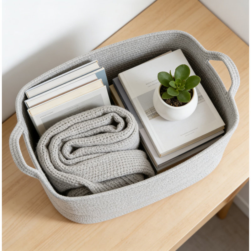 Large Woven Cotton Rope Storage Basket With Handles, Multi-Purpose Rectangular Organizer For Blankets, Toys, Laundry, And Home Decor