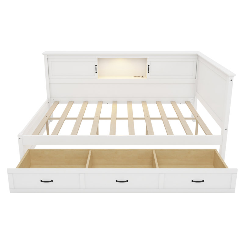 L-Shaped Bed Frame With Drawer And And Bookcase,Corner Bed Wooden Captain Bed With Led Downlight And USB Port For Small Room,Bedroom, Guest Room, Full Size, White