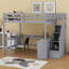 Lit mezzanine avec bureau intégré en forme de L et tablettes de rangement à trois niveaux, et escalier de rangement attaché-959209661
