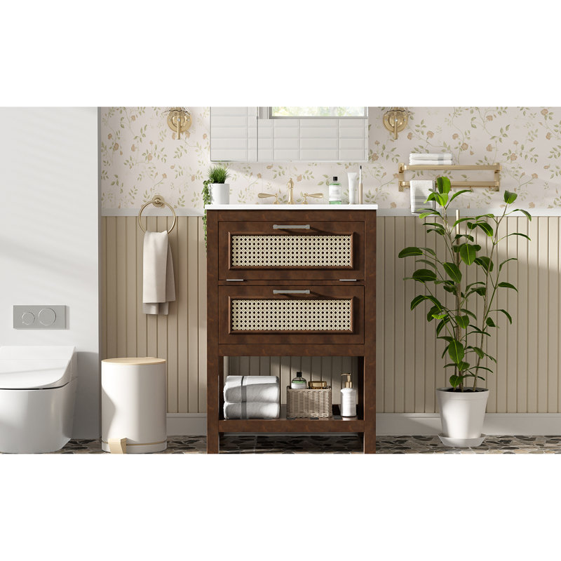 Meuble-lavabo de 24 po avec lavabo attaché, conception compacte et élégante, un tiroir profond pour le rangement, poignées en fer de haute qualité, montage facile pour adultes, 4 robinets, aspect contemporain brun foncé