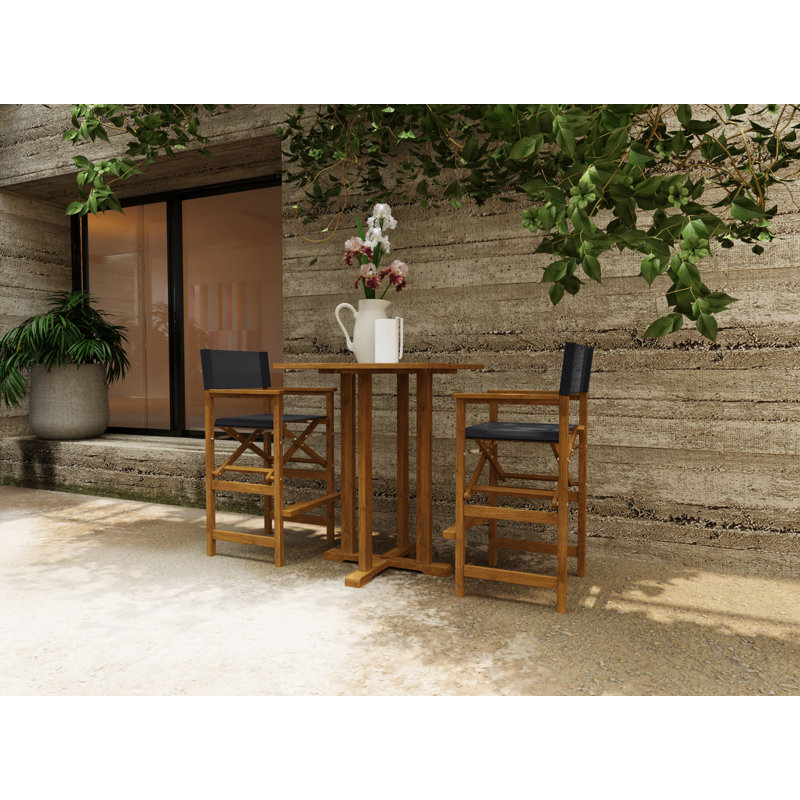 Mountford 3-Piece Square Teak Outdoor Bar Height Dining Set with Folding Armchairs, Black