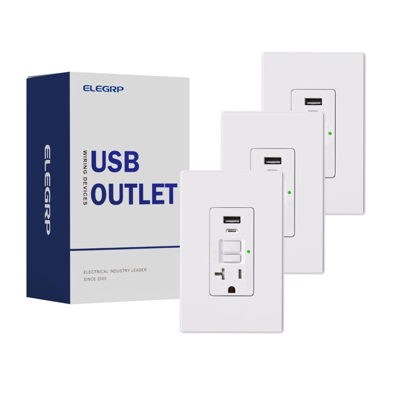 Prise de courant de 20 ampères résistante à l'auto-test avec disjoncteur de fuite à la terre et chargeur USB encastré de 24 W, type A et type C, puissance de charge de 4,8 A, certification UL et CUL, plaque murale de taille moyenne incluse