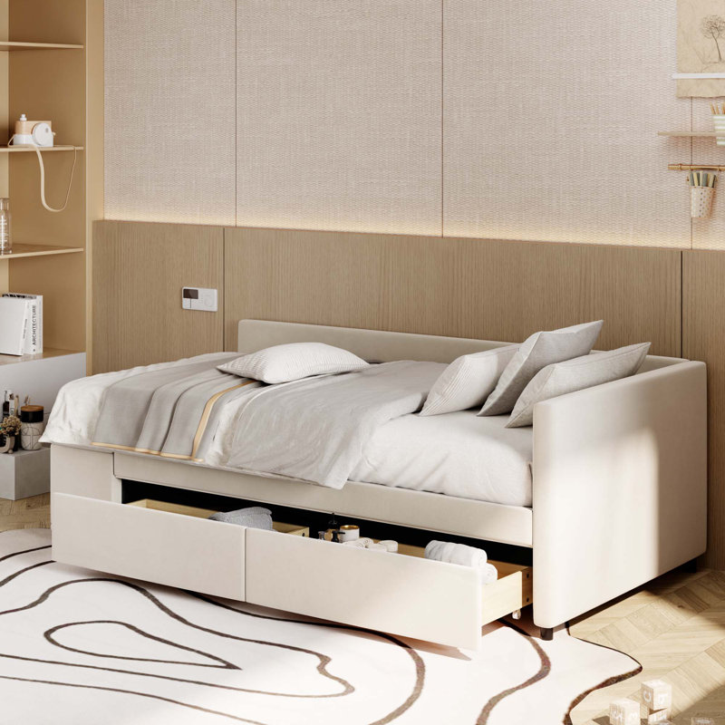 Lit plateforme simple tapissier en forme de L avec rangement et tiroirs, Beige