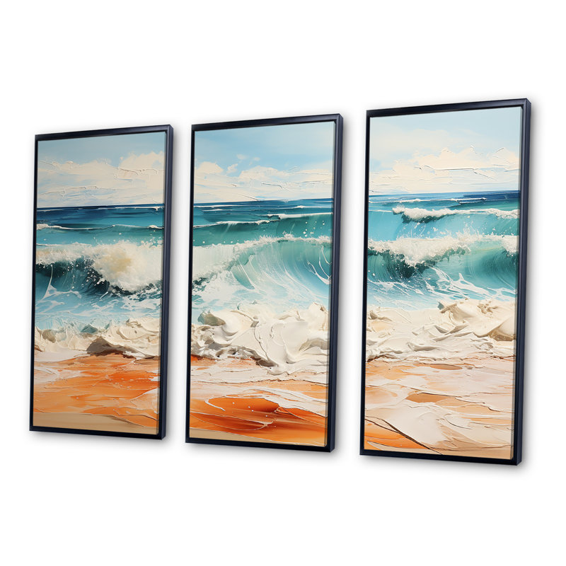 Teal Waves Fight III - ensemble d'art mural sur toile plage, Cadre flottant noir, H 40 po x l 60 po x P 1 po